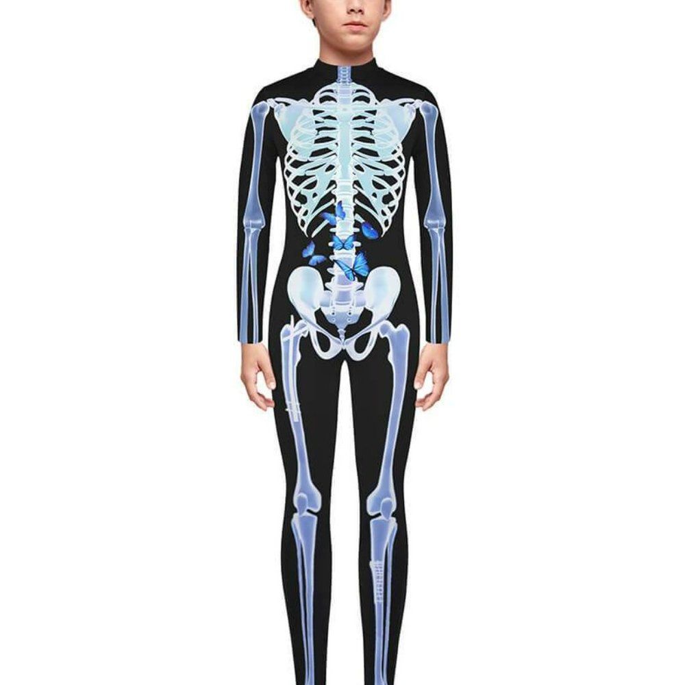 Skeleton Jumpsuit with Butterflies NWOT Rear Zip Bodysuit Black & Blue XL (Kids)